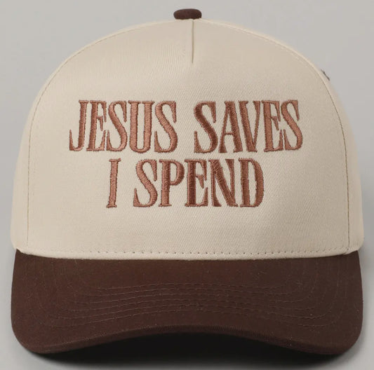 Trendy beige and brown trucker hat with embroidered ‘Jesus Saves I Spend’ design – Christian fashion cap
